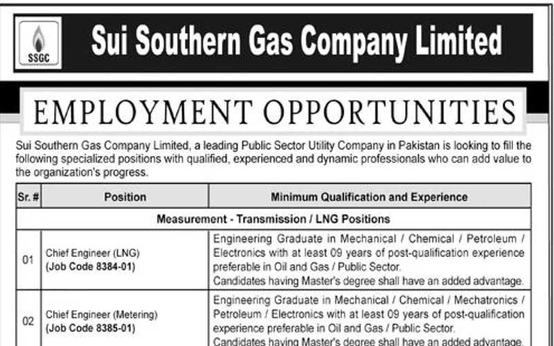 SSGC Jobs Cheif Engineer, Deputy Cheif Engineer