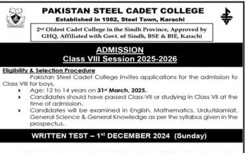 Pakistan Steel Cadet College Karachi Admission 2025-2026