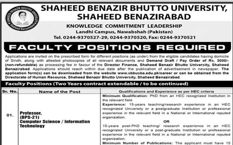 SBBU Jobs Professor, Lecturers