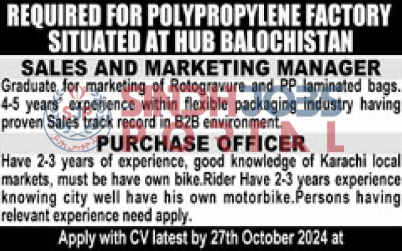 Salas and Marketing Manager, Purchase Officer Hub Balochistan