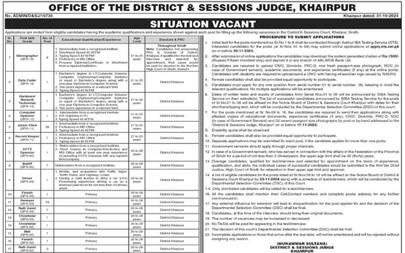 OFFICE OF THE DISTRICT SESSIONS JUDGE, KHAIRPUR