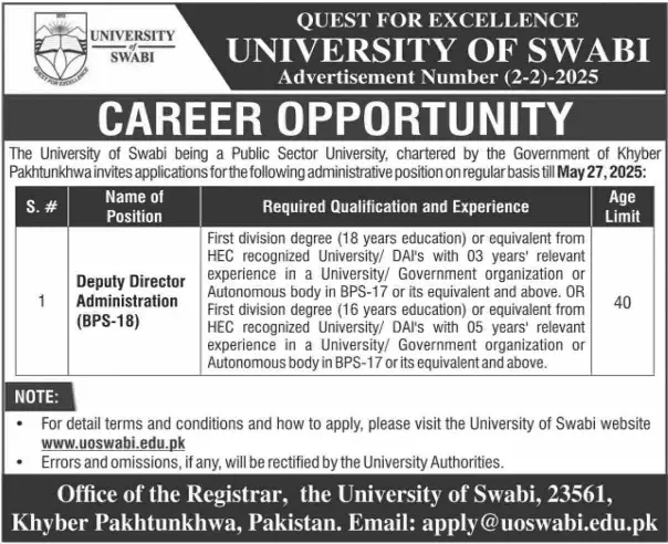UNIVERSITY SWABI QUEST FOR EXCELLENCE Jobs 2025 Apply