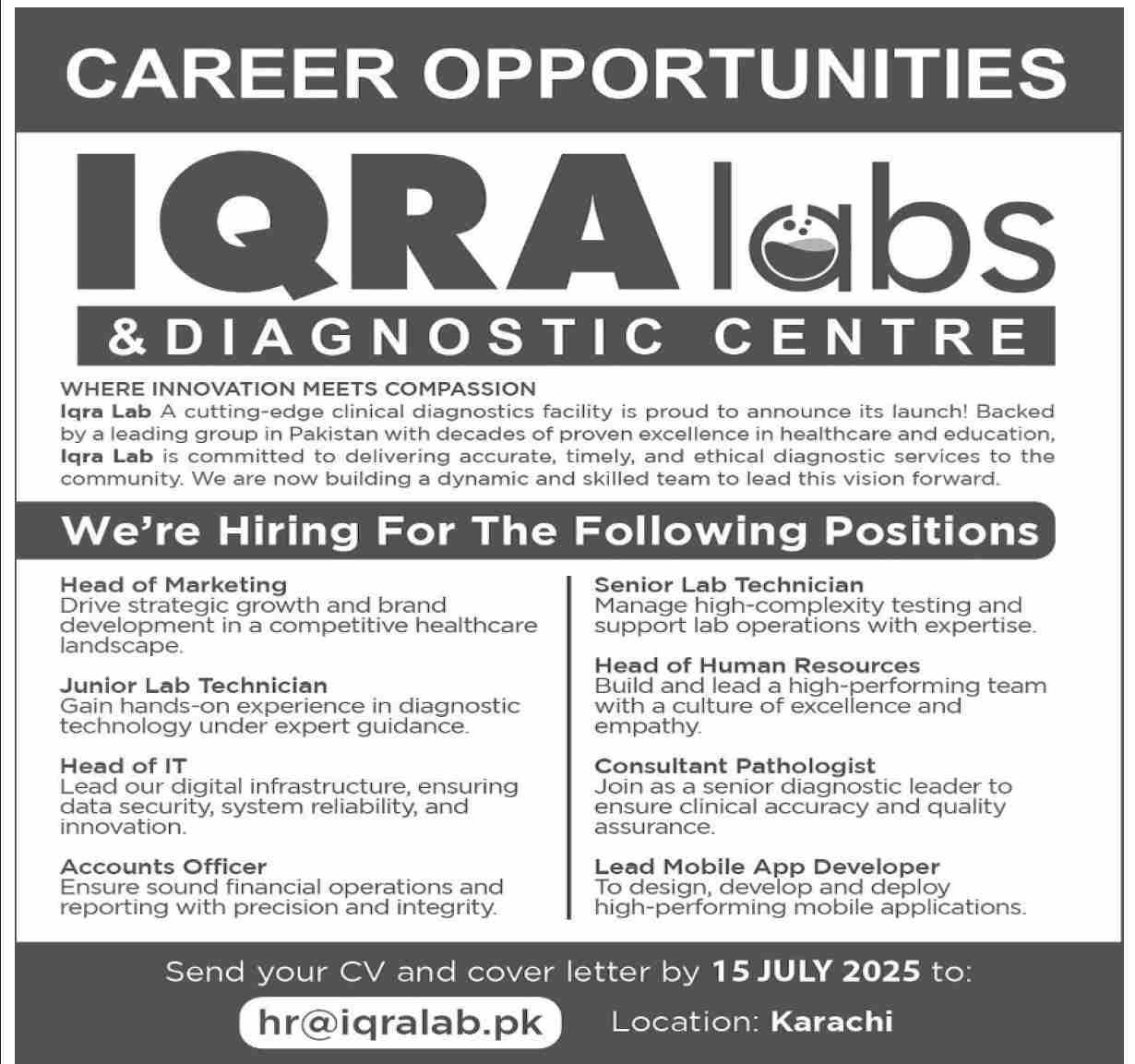 Career Opportunities at IQRA Labs & Diagnostic Centre – Karachi