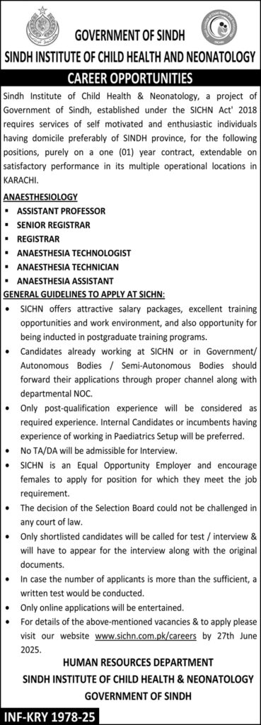 Government of Sindh Hiring at Sindh Institute of Child Health & Neonatology
