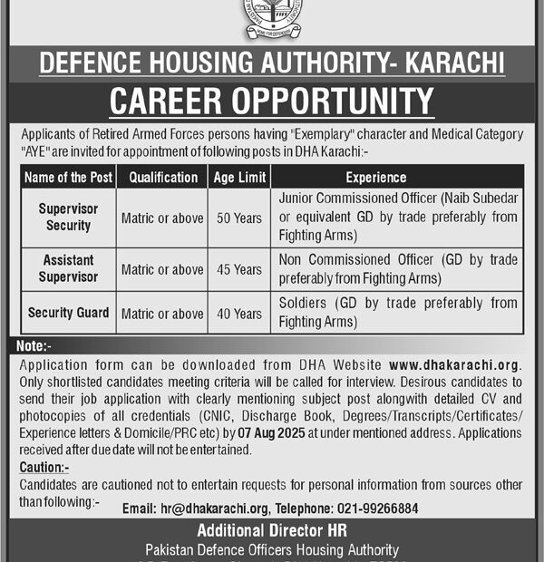 DHA Karachi Jobs 2025 for Retired Armed Forces – Security Staff Vacancies