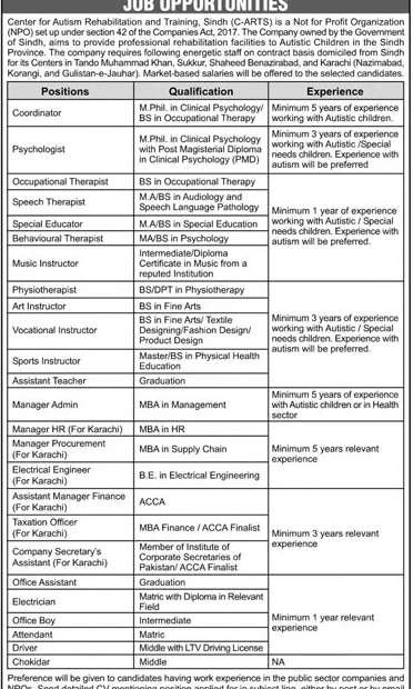 Job Opportunities at Center for Autism Rehabilitation and Training, Sindh (C-ARTS)