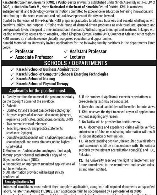 Karachi Metropolitan University Faculty Jobs 2025 – Apply Now