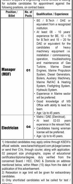 Karachi Shipyard & Engineering Works Jobs 2025 Apply for Manager & Electrician Vacancies