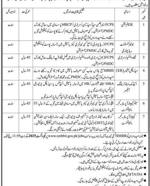 SMBBIT Karachi Jobs 2025 – Apply Online for Medical & IT Vacancies