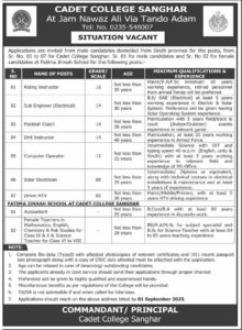 Cadet College Sanghar Jobs 2025
