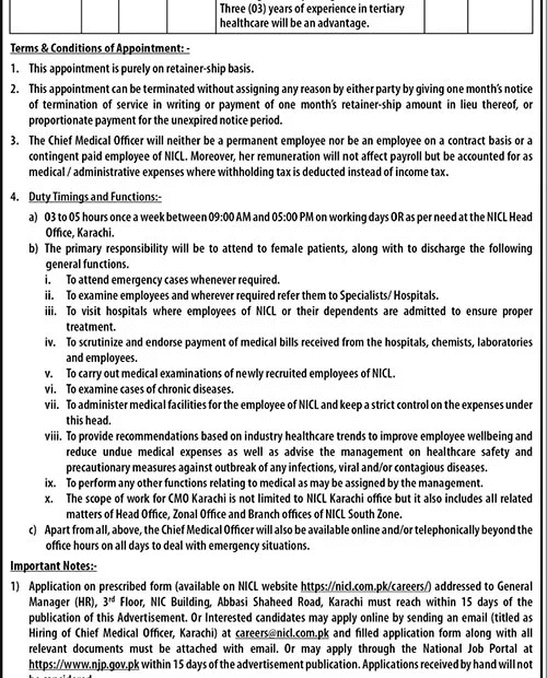 Chief Medical Officer Job – NICL Karachi