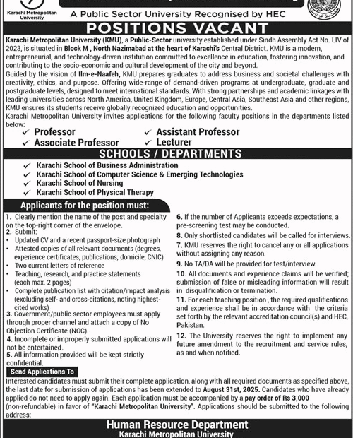 Karachi Metropolitan University Faculty Jobs 2025