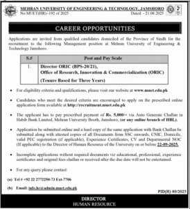 Mehran University ORIC Director Jobs 2025