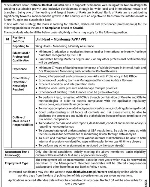 National Bank of Pakistan – Unit Head Monitoring Job