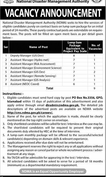NDMA Islamabad Jobs 2025 – Contract-Based Vacancies for Technical Positions